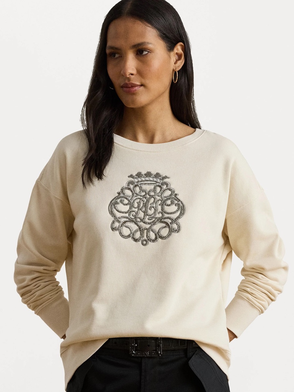 Ralph Lauren Cream Crewneck Sweatshirt with Embroidered Crest Like New